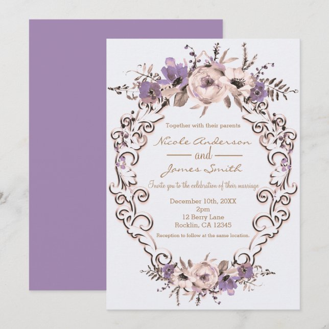 Invitation Mariage Élégant Botanique Floral Crème Violet (Devant / Derrière)