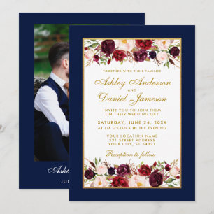 Invitation Mariage Elegant Bourgogne Floral Blue Gold Photo