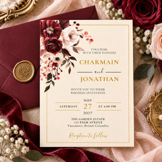 Invitation Mariage Élégant Bourguignon Fleurs Dorées