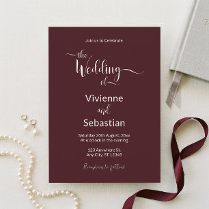 Invitation Mariage Élégant Bourguignon Ivoire Script Minimali