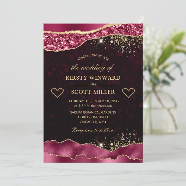 Invitation Mariage élégant Burgundy et Gold Glam Tears Edges (Debout devant)