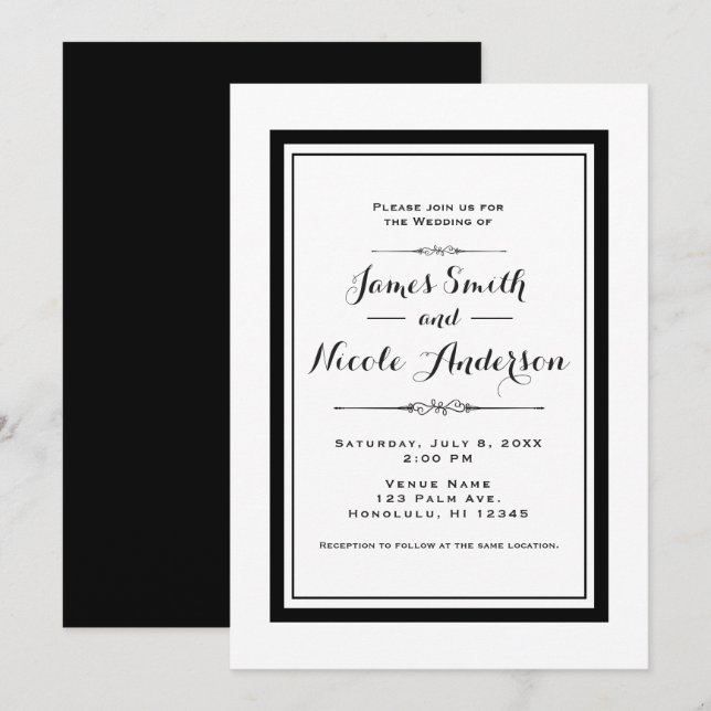 Invitation Mariage élégant chic couture blanc et noir (Devant / Derrière)