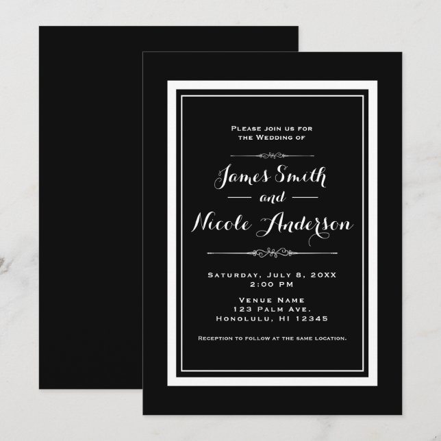 Invitation Mariage élégant chic couture noir et blanc (Devant / Derrière)