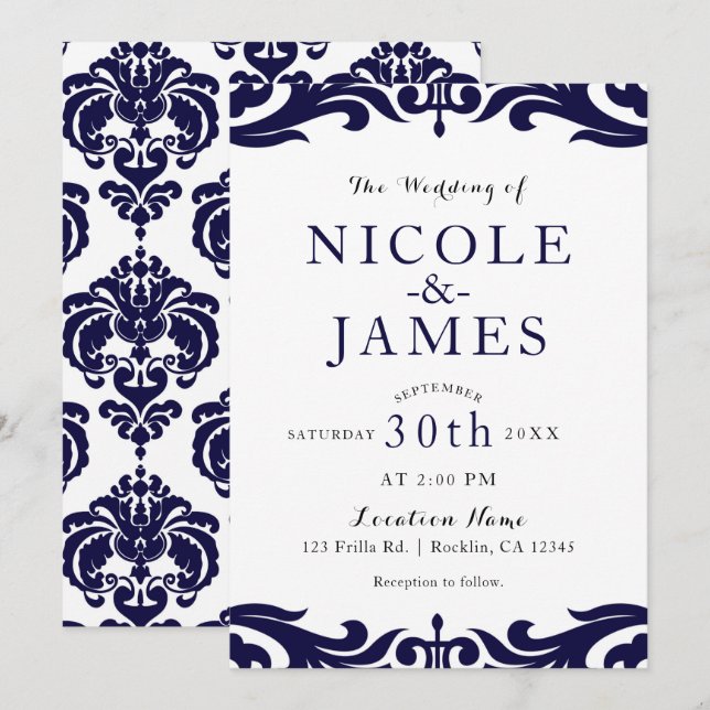 Invitation Mariage élégant chic damassé bleu marine et blanc (Devant / Derrière)