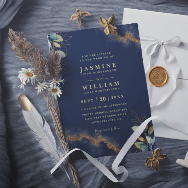 Invitation Mariage élégant chic moderne or bleu marine avec c (Créateur téléchargé)