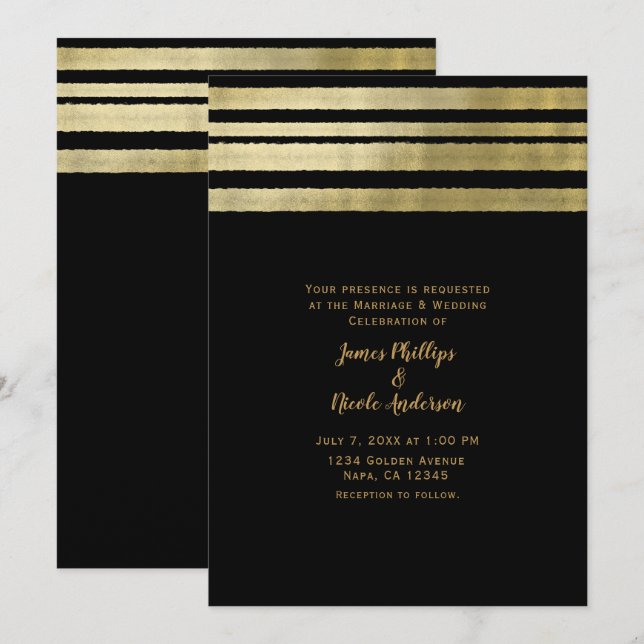Invitation Mariage élégant chic moderne or et noir (Devant / Derrière)