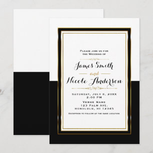 Invitation Mariage élégant chic noir blanc & or