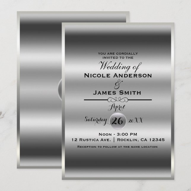 Invitation Mariage Élégant Classe Métalisé Brillant Silver Sh (Devant / Derrière)