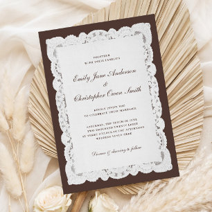 Invitation Mariage Élégant Classique Brun Foncé Dentelle