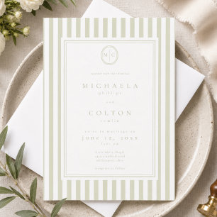 Invitation Mariage Élégant Classique Monogramme Rayure Vert S