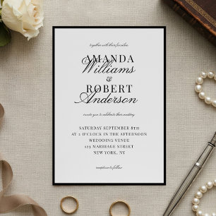 Invitation Mariage Élégant Classique Noir et Blanc à l'Ancien