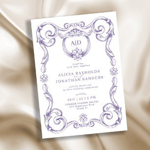 Invitation Mariage élégant classique rococo monogramme lavand