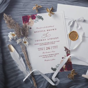 Invitation Mariage Élégant Code QR Floral Rouge-Bourgogne Ros