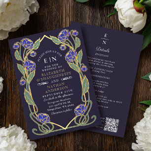 Invitation Mariage élégant code QR Paon bleu Art nouveau