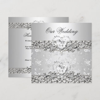 Invitation Mariage Élégant Cœur de Diamant Blanc Argent