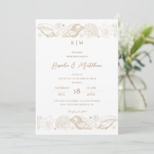 Invitation Mariage Élégant Coquillage de Plage Blanc & Or