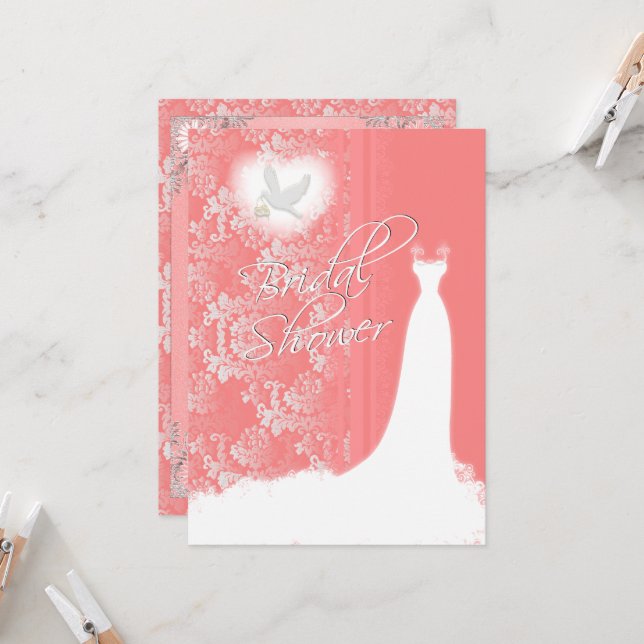 Invitation Mariage élégant corail damassé Shower (Devant/Arrière en situation)