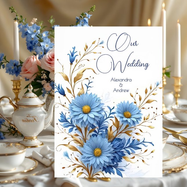 Invitation Mariage élégant Cornflower Blue Gold Florals (Créateur téléchargé)