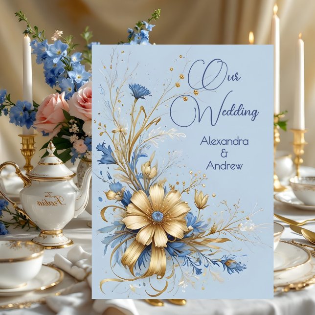 Invitation Mariage élégant Cornflower Blue Gold Flowers (Créateur téléchargé)