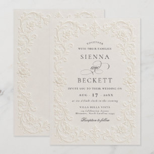 Invitation Mariage Élégant Crème Style Floral Orné Relief