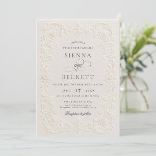 Invitation Mariage Élégant Crème Style Floral Orné Relief