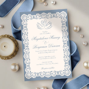 Invitation Mariage élégant cygne bleu poussiéreux dentelle iv