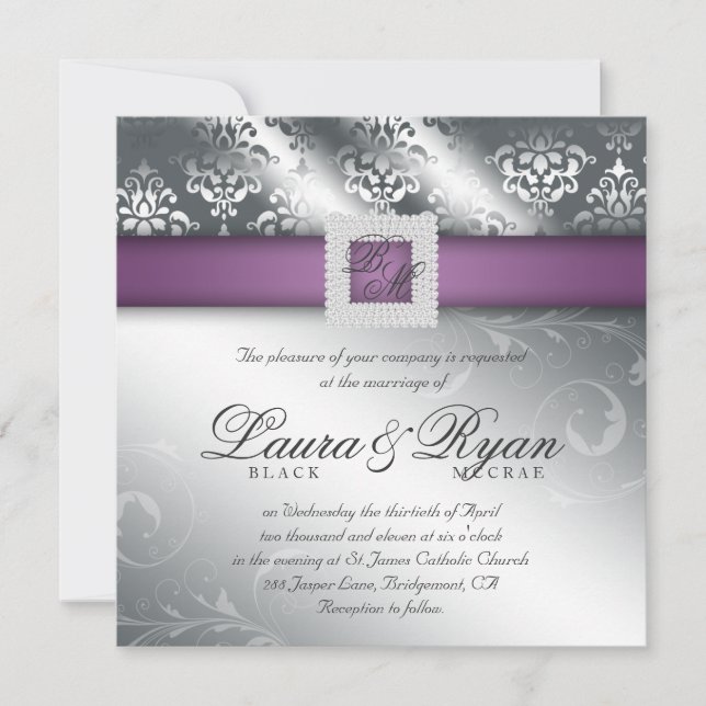 Invitation Mariage élégant Damask Jewel Purple Argent (Devant)