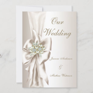 Invitation Mariage Élégant Damassé Perle Crème Blanche Noeud 