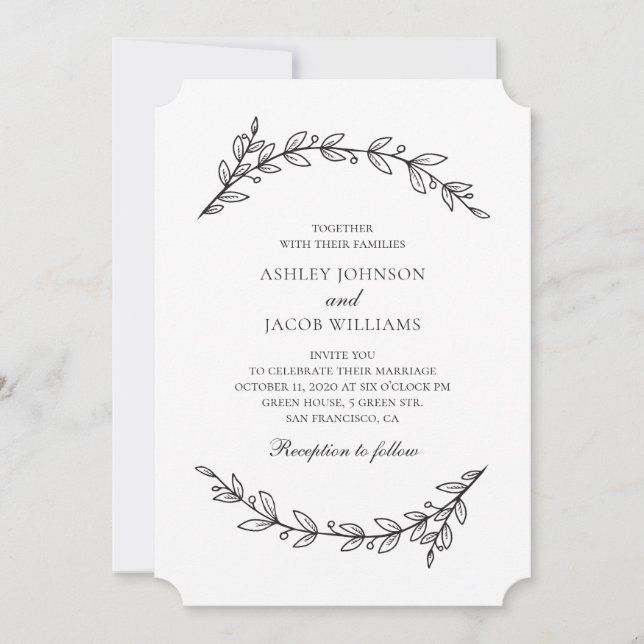 Invitation Mariage élégant dans le jardin. Botanique noire et (Devant)