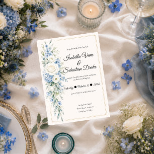 Invitation Mariage Élégant dans un Thème de Fleurs Bleu Pouss