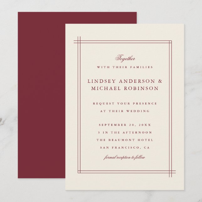 Invitation Mariage élégant de Bourgogne et d'ivoire perlé (Devant / Derrière)