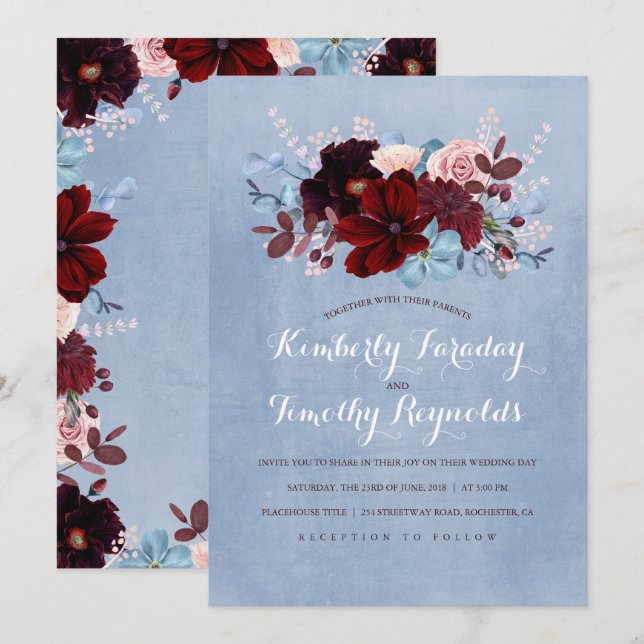 Invitation Mariage élégant de Bourgogne et Dusty Blue Floral (Devant / Derrière)