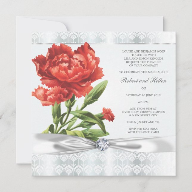 Invitation Mariage élégant de Diamant d'argent et de Fleur ro (Devant)