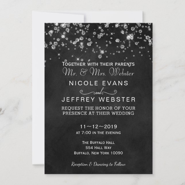 Invitation Mariage élégant de diamants noirs rustiques de (Devant)