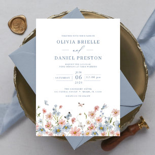Invitation Mariage élégant de jardin bleu foncé rose rose