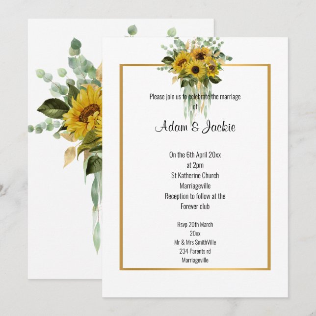INVITATION MARIAGE ÉLÉGANT DE SUNFLOWER EUCALYPTUS GOLD TRIM (Devant / Derrière)