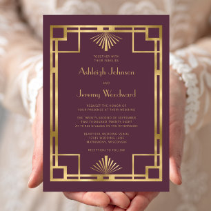 Invitation Mariage Elegant Deco Géométrique Bourgogne Or