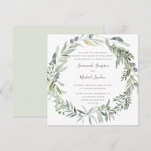 Invitation Mariage élégant d'Olive et de feuilles (Devant / Derrière)