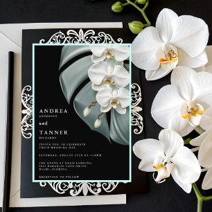 Invitation Mariage élégant d'orchidées tropicales noires et b