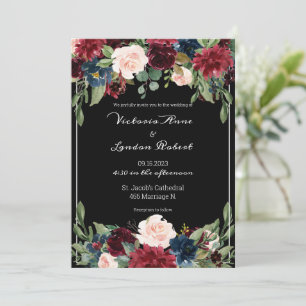 Invitation Mariage élégant écriture script rose burgogne flor