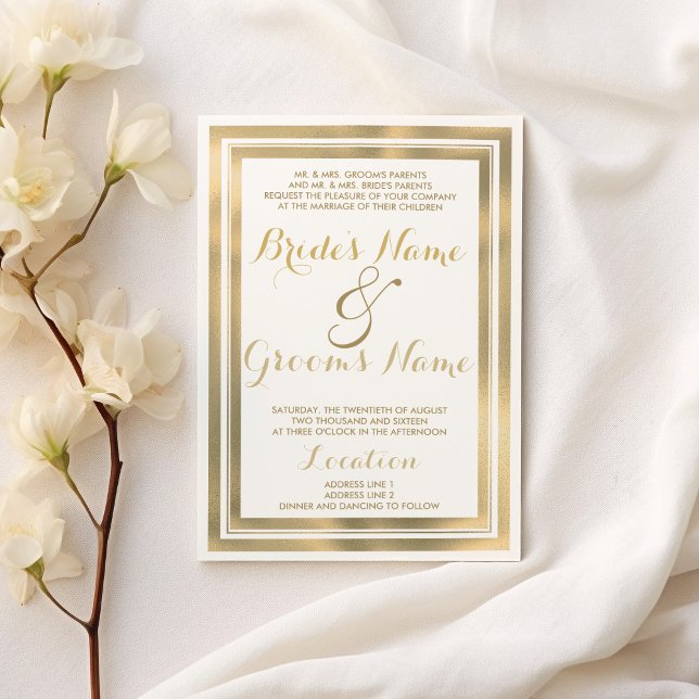 Invitation Mariage élégant élégant cadre or blanc (Elegant stylish white gold frame Wedding)