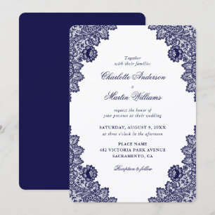 Invitation Mariage élégant en bleu marine avec dentelle flora