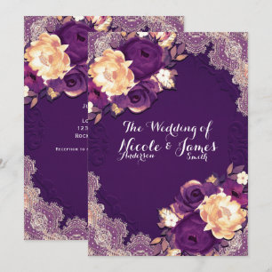 Invitation Mariage Élégant en Dentelle Florale de Prune Pourp