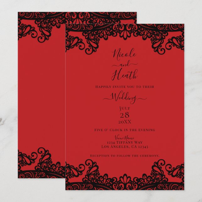 Invitation Mariage élégant en dentelle rouge et noire (Devant / Derrière)