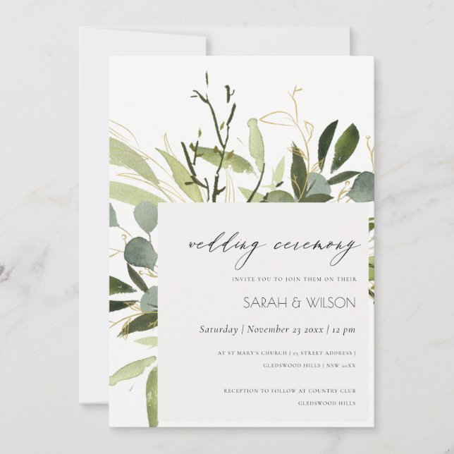 Invitation Mariage ELEGANT EN FEAFE VERT FOLIAGE EAU COULEUR  (Devant)