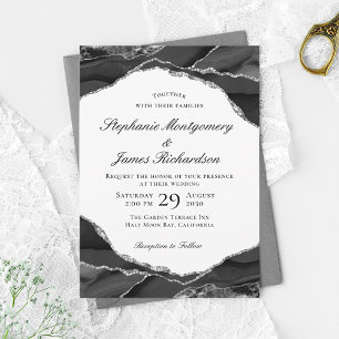 Invitation Mariage élégant en feuille d'argent et agate noire