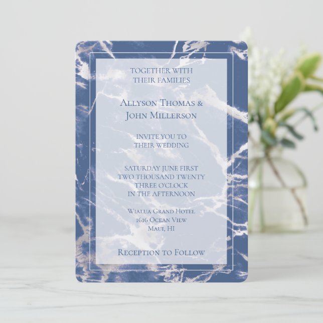 Invitation Mariage élégant en marbre d'argent bleu (Debout devant)