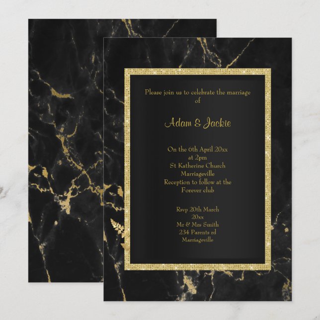 Invitation MARIAGE ÉLÉGANT EN MARBRE D'Or Noir (Devant / Derrière)
