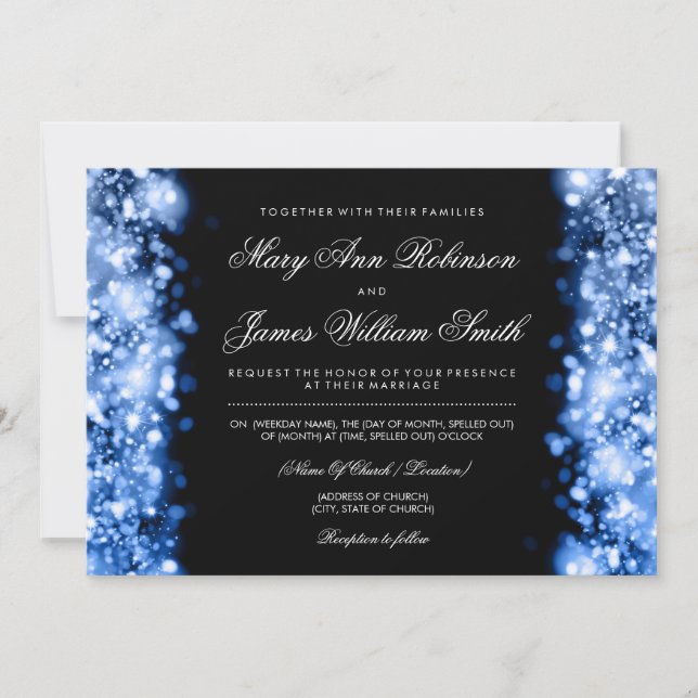 Invitation Mariage Élégant Enregistrer La Date Lumières Bleu (Devant)