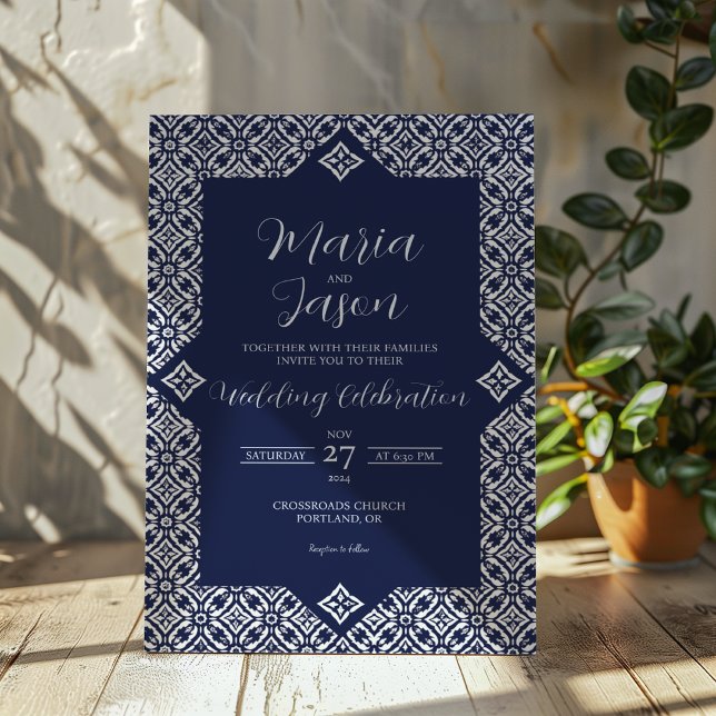 Invitation Mariage élégant et formel de la marine mexicaine T (Mexican Navy Blue Talavera Formal Elegant Wedding Invitation)